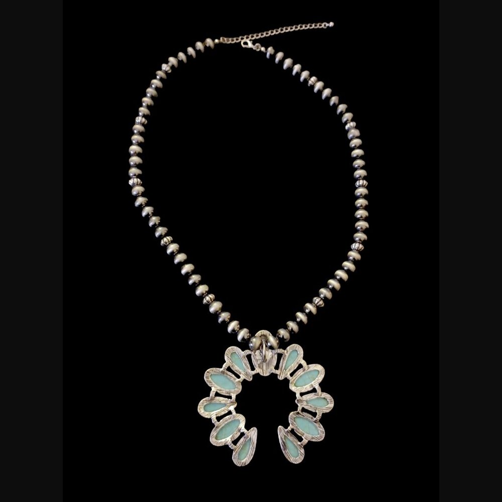 South West Style Squash Blossom Silver Tone Acrylic Beaded Necklace - Picture 6 of 6